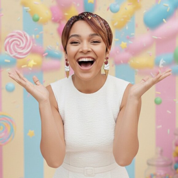 🆕️ Adorable Ice Cream Cone Drop Earrings with Glitter Hearts Fun & Trendy - Picture 10 of 16